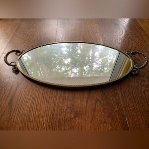 Vintage Gold Vanity Mirror Tray Oval ~ Ornate Floral W/ Handles, Felt Bottom